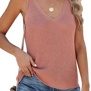 Women's Pink V-Neck Knitted Loose Fit Sleeveless Sweater XXL